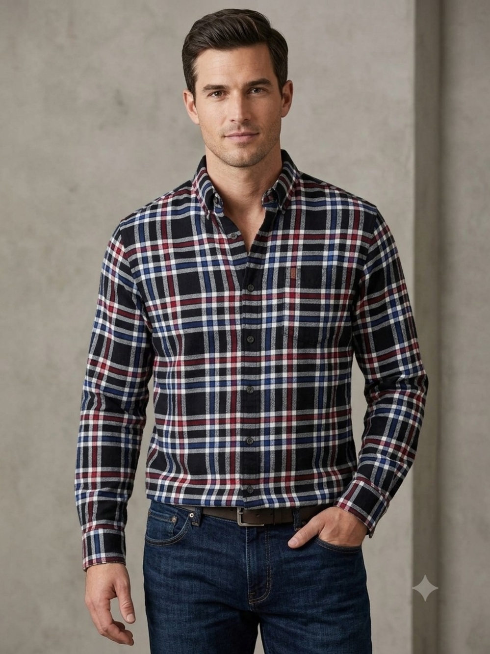 #272 Chaps Navy, White & Red Plaid Button-Down Flannel